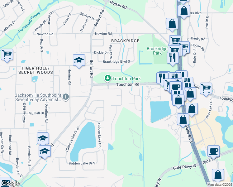 map of restaurants, bars, coffee shops, grocery stores, and more near 8337 Whitmire Court in Jacksonville