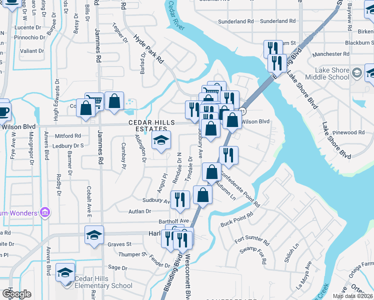 map of restaurants, bars, coffee shops, grocery stores, and more near 3805 Tyndale Drive in Jacksonville