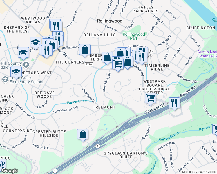 map of restaurants, bars, coffee shops, grocery stores, and more near 2854 Montebello Road in Austin
