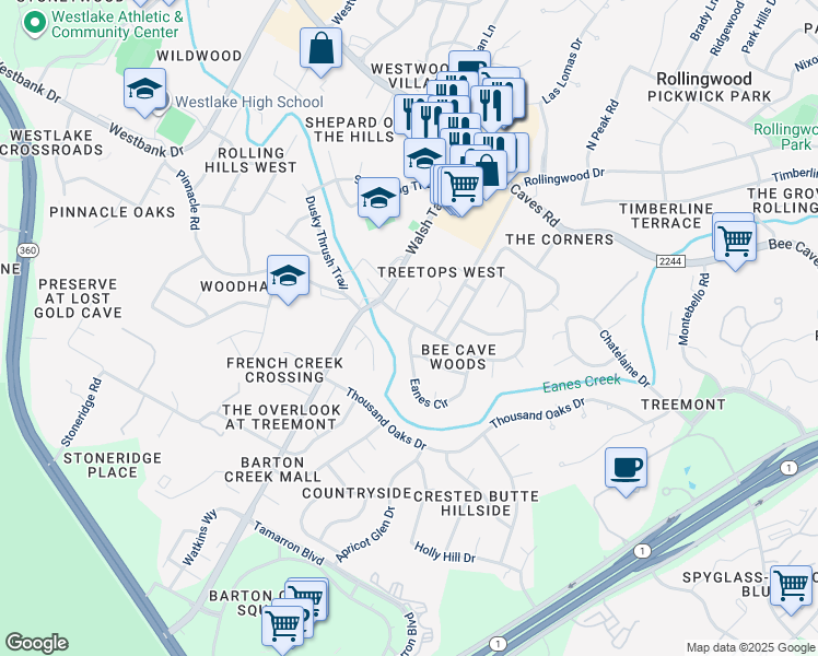 map of restaurants, bars, coffee shops, grocery stores, and more near 1335 Wilderness Drive in Austin