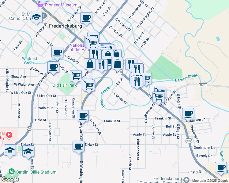 map of restaurants, bars, coffee shops, grocery stores, and more near 502 East Creek Street in Fredericksburg