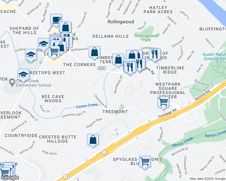 map of restaurants, bars, coffee shops, grocery stores, and more near 2902 Montebello Court in Austin