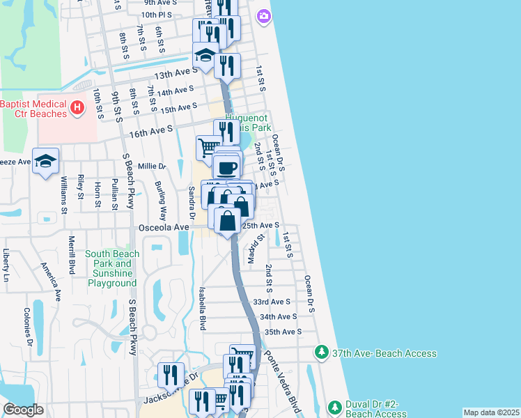 map of restaurants, bars, coffee shops, grocery stores, and more near 107 25th Avenue South in Jacksonville Beach