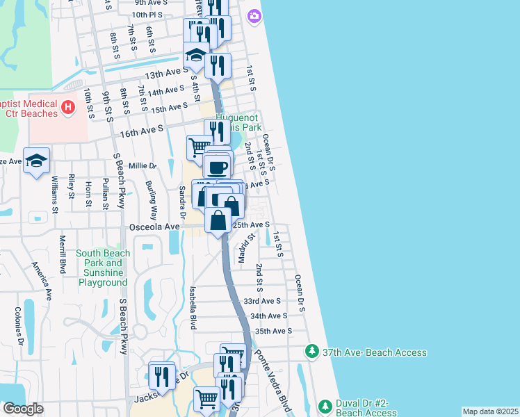 map of restaurants, bars, coffee shops, grocery stores, and more near 108 Laguna Villa Boulevard in Jacksonville Beach