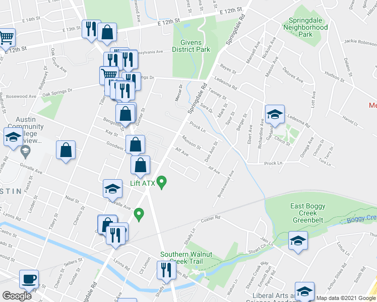 map of restaurants, bars, coffee shops, grocery stores, and more near 4704 Alf Avenue in Austin