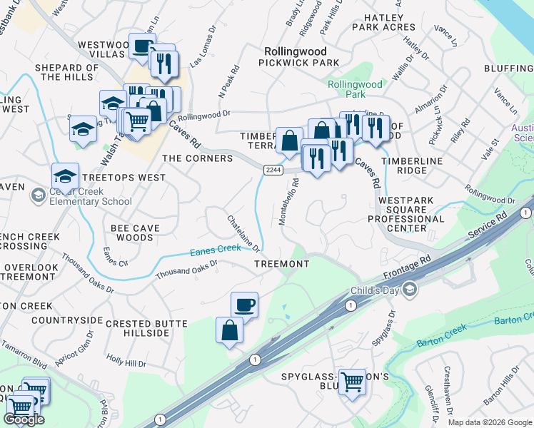 map of restaurants, bars, coffee shops, grocery stores, and more near 2914 Montebello Court in Austin