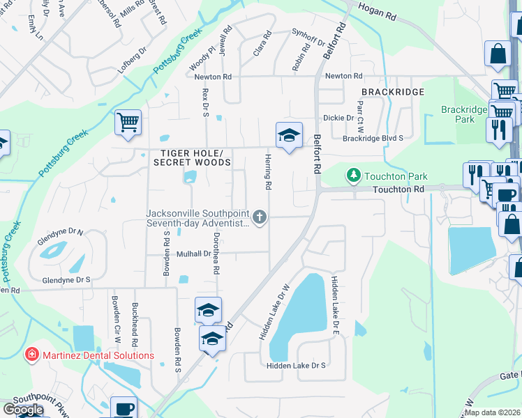 map of restaurants, bars, coffee shops, grocery stores, and more near 3158 Herring Road in Jacksonville