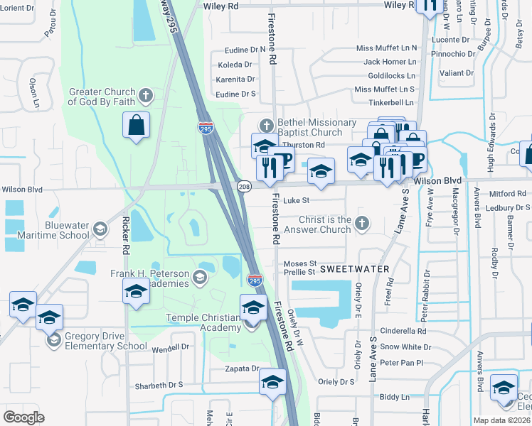 map of restaurants, bars, coffee shops, grocery stores, and more near 7214 Luke Street in Jacksonville