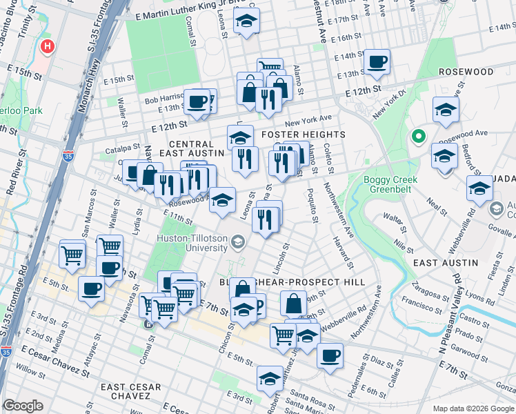 map of restaurants, bars, coffee shops, grocery stores, and more near 1132 Salina Street in Austin