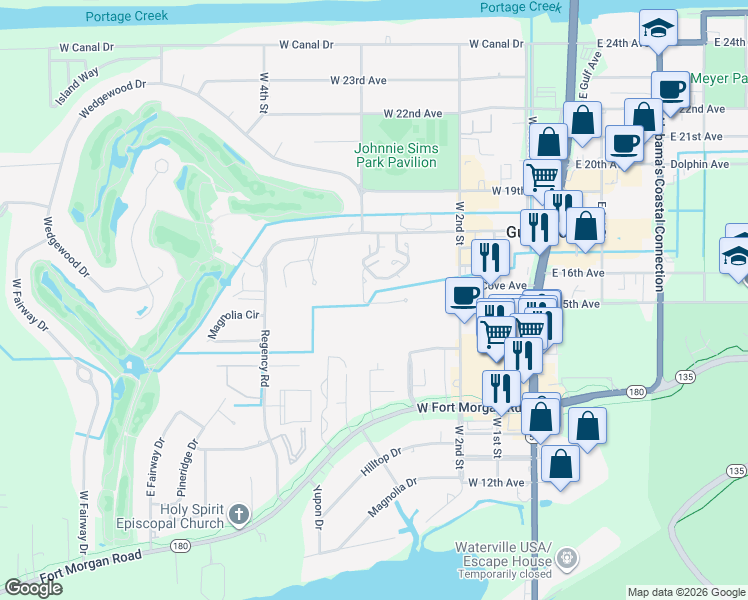 map of restaurants, bars, coffee shops, grocery stores, and more near Lankford Road in Gulf Shores