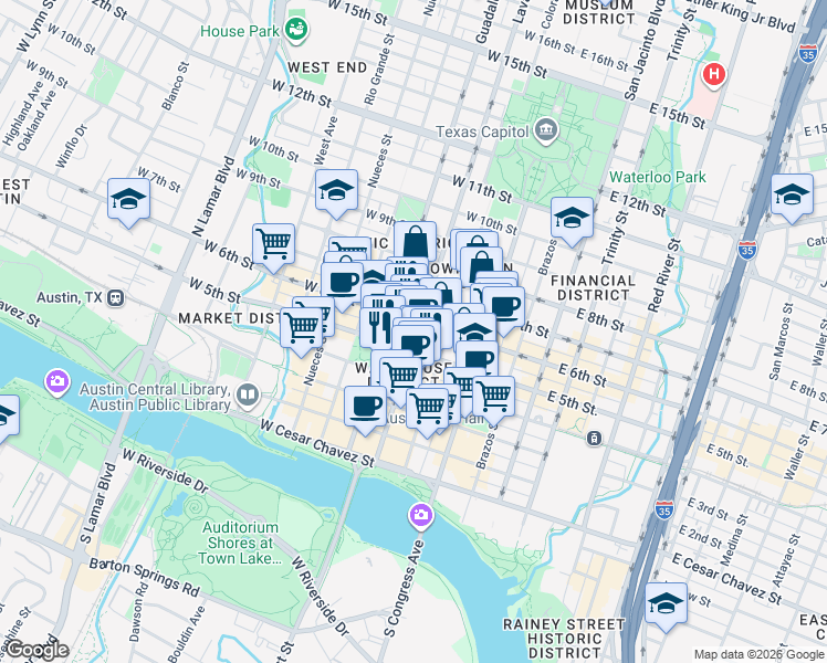 map of restaurants, bars, coffee shops, grocery stores, and more near 301 West 6th Street in Austin