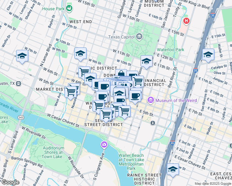 map of restaurants, bars, coffee shops, grocery stores, and more near 126 West 6th Street in Austin