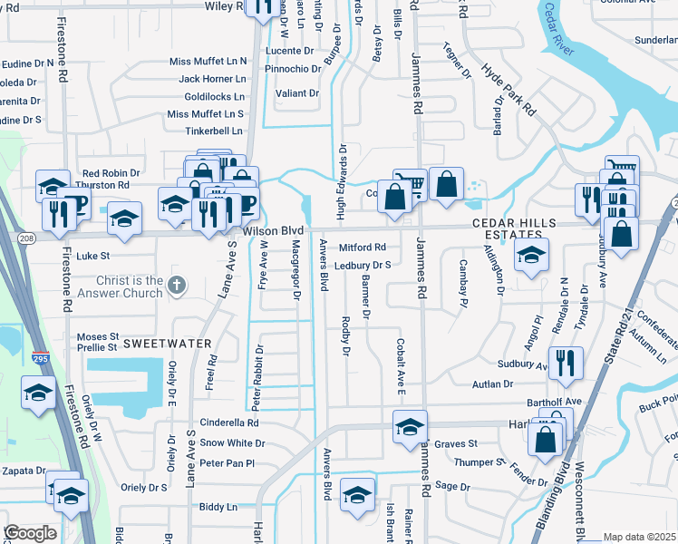 map of restaurants, bars, coffee shops, grocery stores, and more near 3704 Rodby Dr in Jacksonville