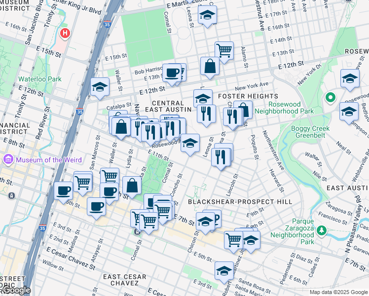 map of restaurants, bars, coffee shops, grocery stores, and more near 1130 Concho Street in Austin