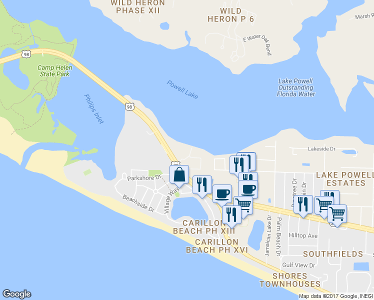 map of restaurants, bars, coffee shops, grocery stores, and more near 305 Cain Road in Panama City Beach