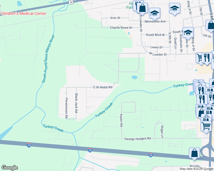 map of restaurants, bars, coffee shops, grocery stores, and more near 6101 C W Webb Road in Macclenny
