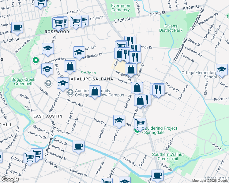 map of restaurants, bars, coffee shops, grocery stores, and more near 1129 1/2 Tillery Street in Austin