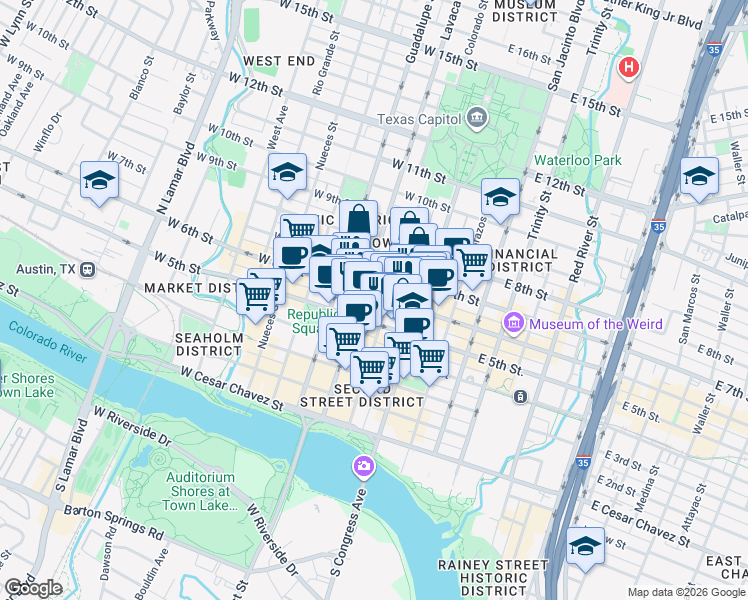 map of restaurants, bars, coffee shops, grocery stores, and more near 221 West 6th Street in Austin