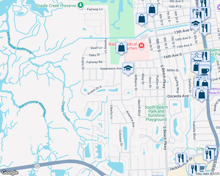 map of restaurants, bars, coffee shops, grocery stores, and more near 1590 Evans Drive South in Jacksonville Beach