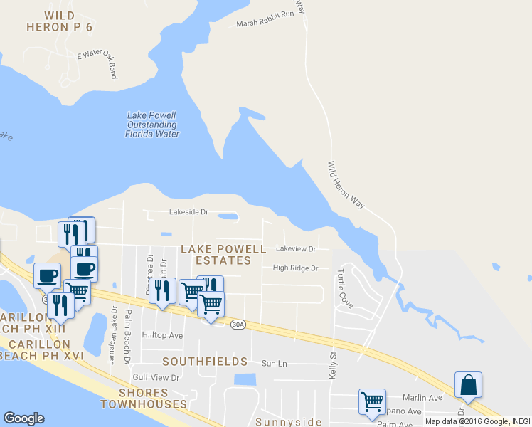 map of restaurants, bars, coffee shops, grocery stores, and more near 710 Gainous Road in Panama City Beach