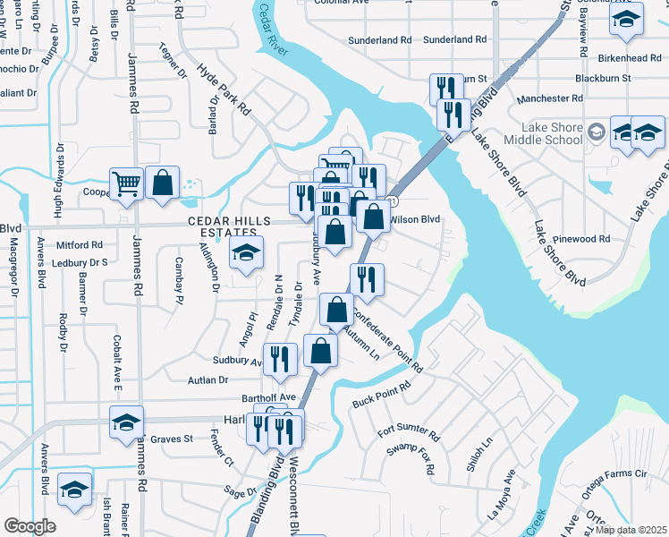 map of restaurants, bars, coffee shops, grocery stores, and more near 3764 Blanding Boulevard in Jacksonville