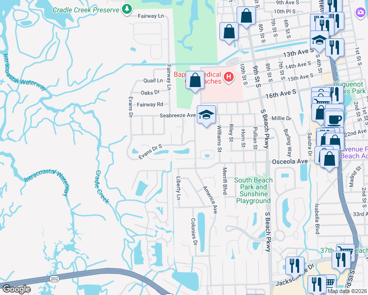 map of restaurants, bars, coffee shops, grocery stores, and more near 1590 Evans Drive South in Jacksonville Beach