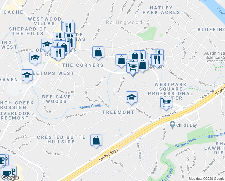 map of restaurants, bars, coffee shops, grocery stores, and more near 2914 Montebello Court in Austin