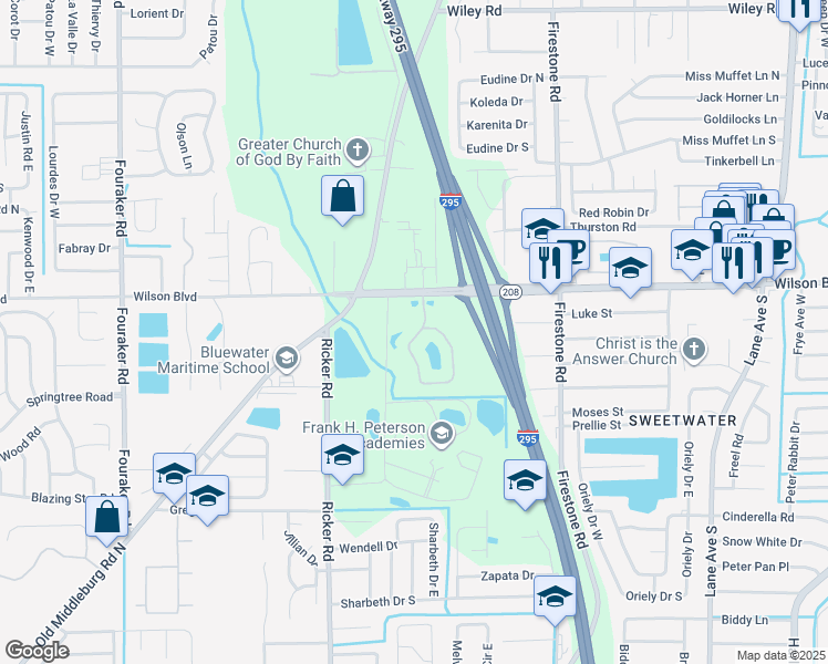 map of restaurants, bars, coffee shops, grocery stores, and more near 3610 Kirkpatrick Circle in Jacksonville