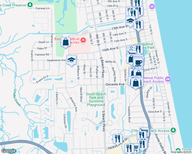 map of restaurants, bars, coffee shops, grocery stores, and more near 1011 Theodore Ave in Jacksonville Beach