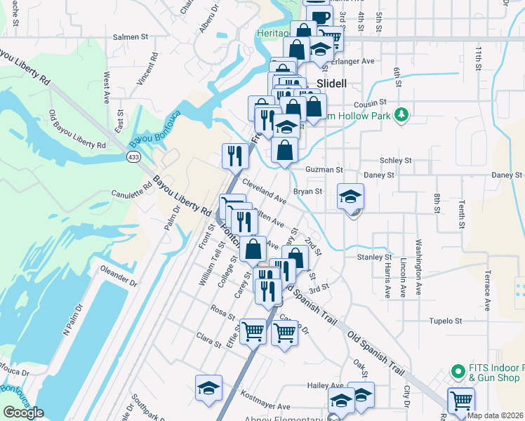 map of restaurants, bars, coffee shops, grocery stores, and more near 2660 College Street in Slidell
