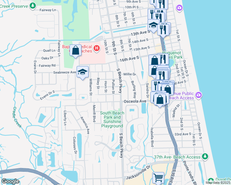 map of restaurants, bars, coffee shops, grocery stores, and more near 1011 Theodore Avenue in Jacksonville Beach