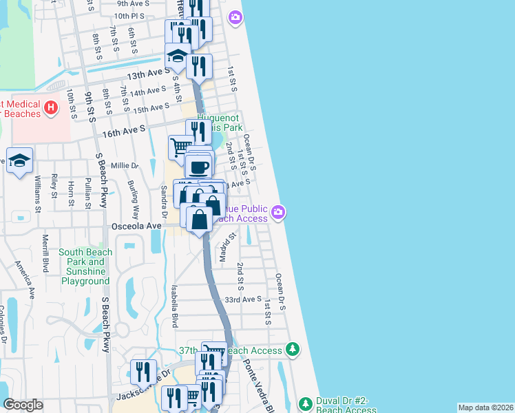 map of restaurants, bars, coffee shops, grocery stores, and more near 2323 1st Street South in Jacksonville Beach