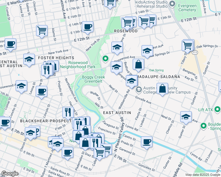 map of restaurants, bars, coffee shops, grocery stores, and more near 904a Neal Street in Austin