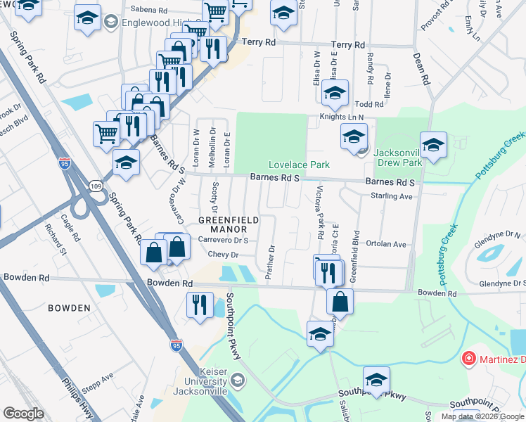 map of restaurants, bars, coffee shops, grocery stores, and more near 6107 Prather Drive North in Jacksonville