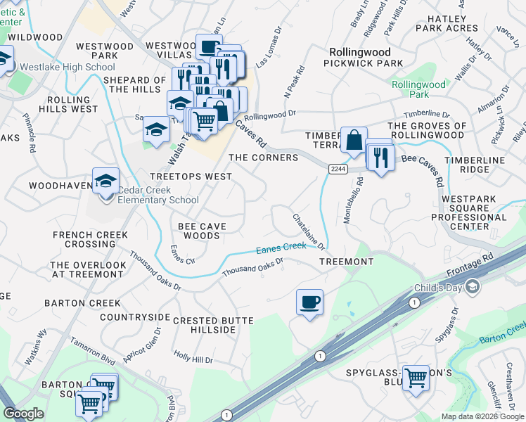 map of restaurants, bars, coffee shops, grocery stores, and more near 1204 Grosvener Ct in Austin