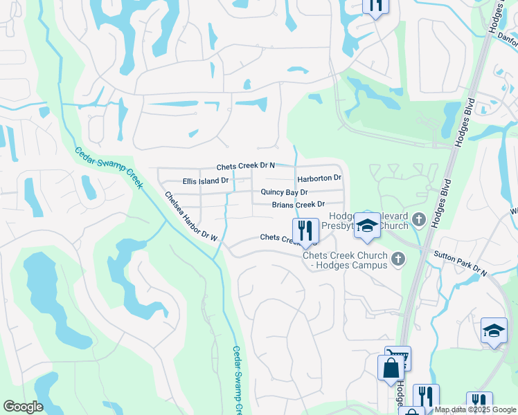map of restaurants, bars, coffee shops, grocery stores, and more near 12946 Brians Creek Drive in Jacksonville