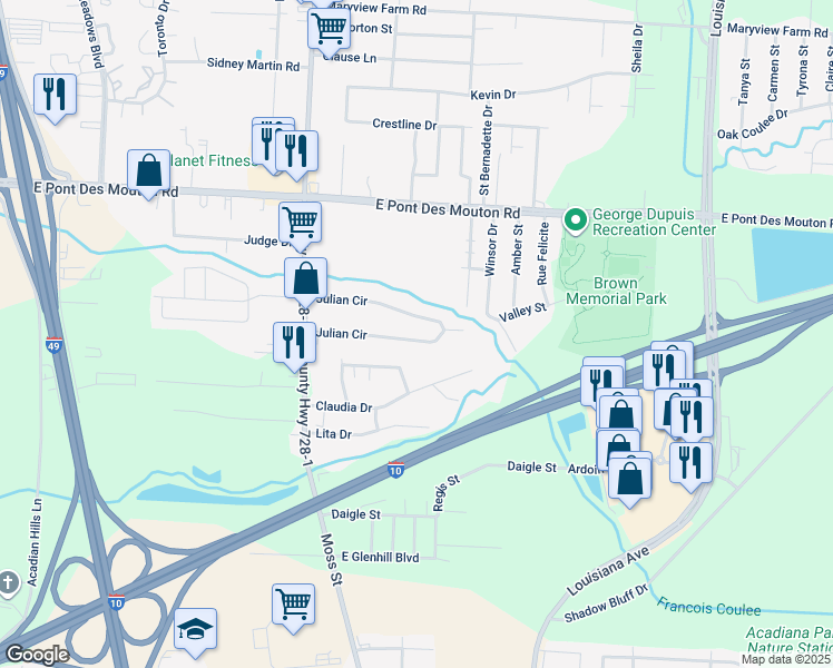 map of restaurants, bars, coffee shops, grocery stores, and more near 204 Julian Circle in Lafayette