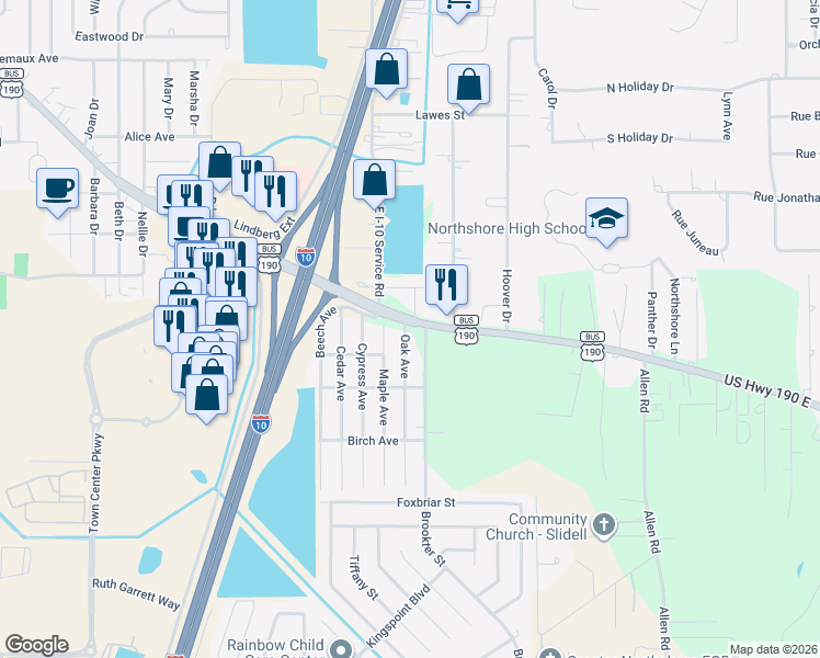 map of restaurants, bars, coffee shops, grocery stores, and more near 57480 Oak Ave in Slidell