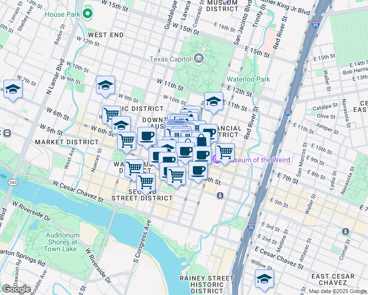 map of restaurants, bars, coffee shops, grocery stores, and more near 612 Brazos Street in Austin