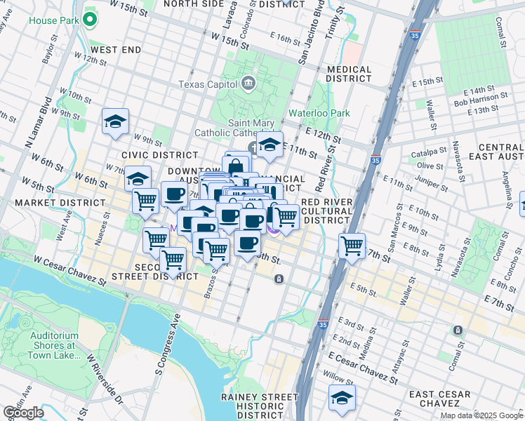 map of restaurants, bars, coffee shops, grocery stores, and more near 304 East 7th Street in Austin
