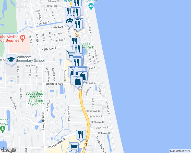 map of restaurants, bars, coffee shops, grocery stores, and more near 2323 1st Street South in Jacksonville Beach