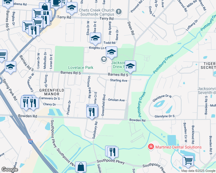 map of restaurants, bars, coffee shops, grocery stores, and more near 3130 Greenfield Boulevard in Jacksonville