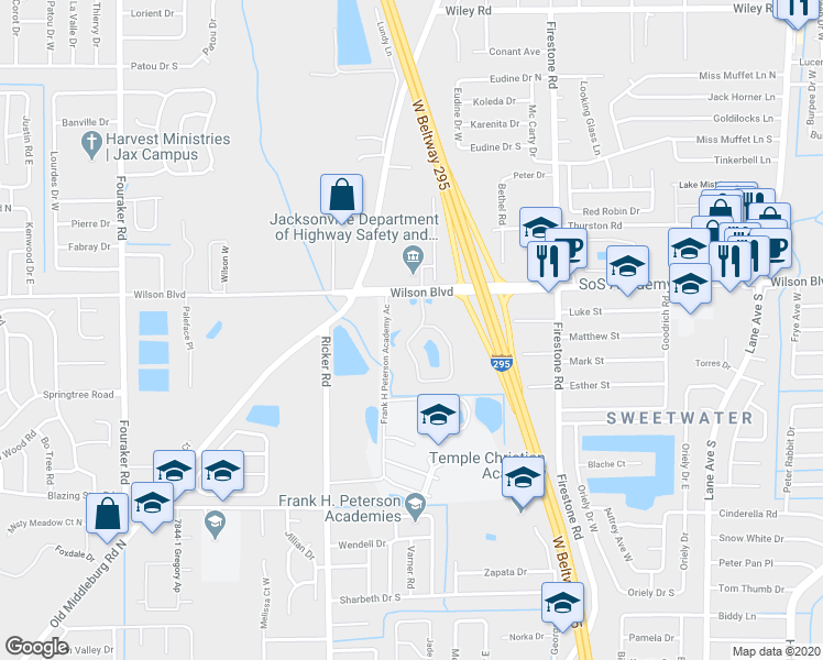 map of restaurants, bars, coffee shops, grocery stores, and more near 3610 Kirkpatrick Circle in Jacksonville
