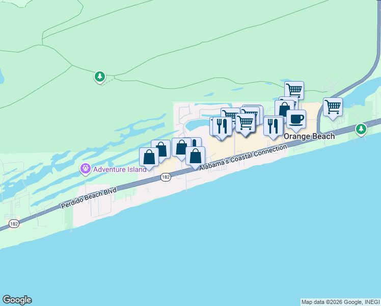 map of restaurants, bars, coffee shops, grocery stores, and more near 25125 Perdido Beach Boulevard in Orange Beach