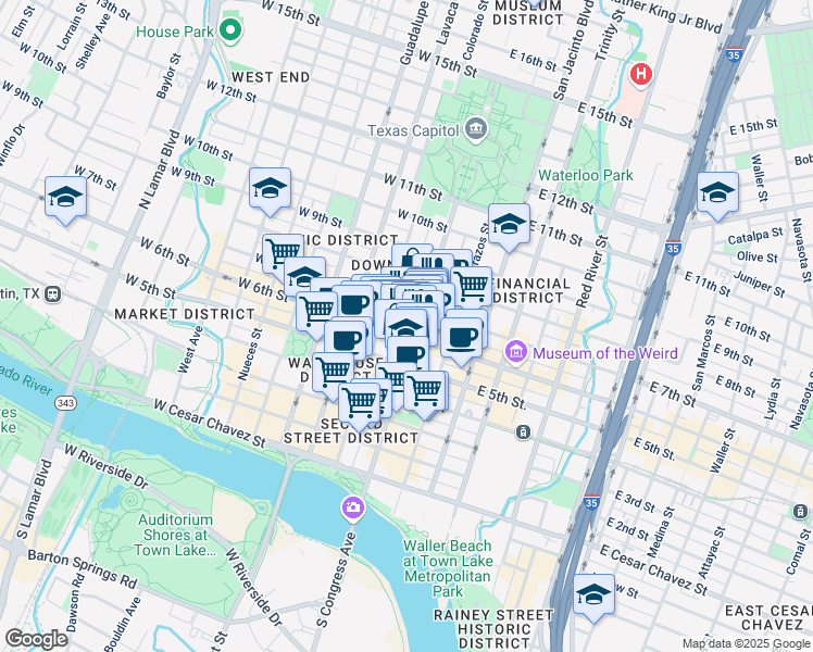 map of restaurants, bars, coffee shops, grocery stores, and more near 15 West 6th Street in Austin