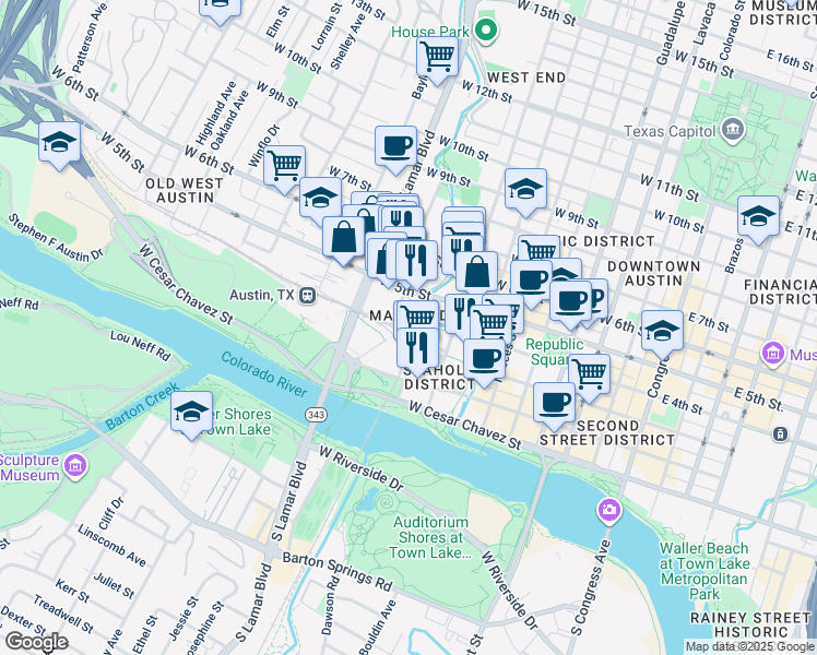 map of restaurants, bars, coffee shops, grocery stores, and more near 830 West 3rd Street in Austin