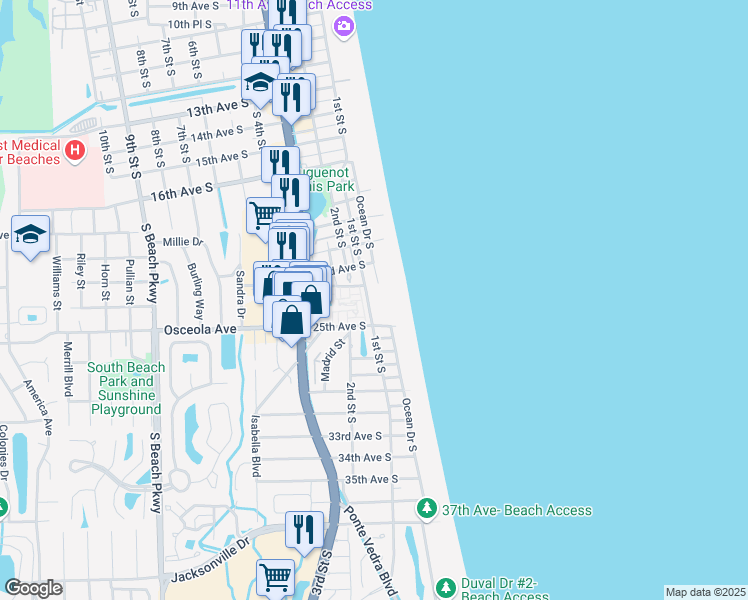 map of restaurants, bars, coffee shops, grocery stores, and more near 2323 1st Street South in Jacksonville Beach