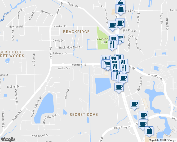 map of restaurants, bars, coffee shops, grocery stores, and more near 3161 Hollow Tree Court in Jacksonville