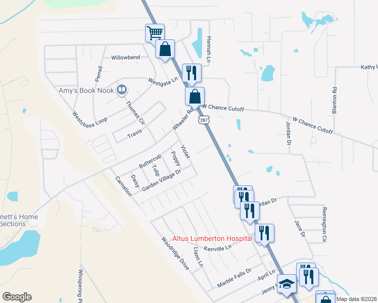 map of restaurants, bars, coffee shops, grocery stores, and more near 6565 Violet in Lumberton