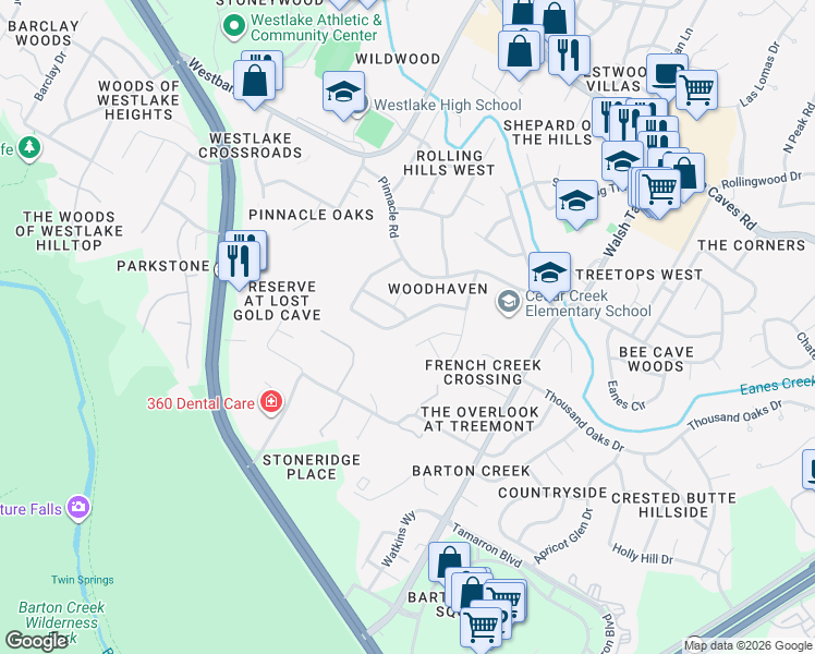 map of restaurants, bars, coffee shops, grocery stores, and more near 3511 Peregrine Falcon Drive in Austin